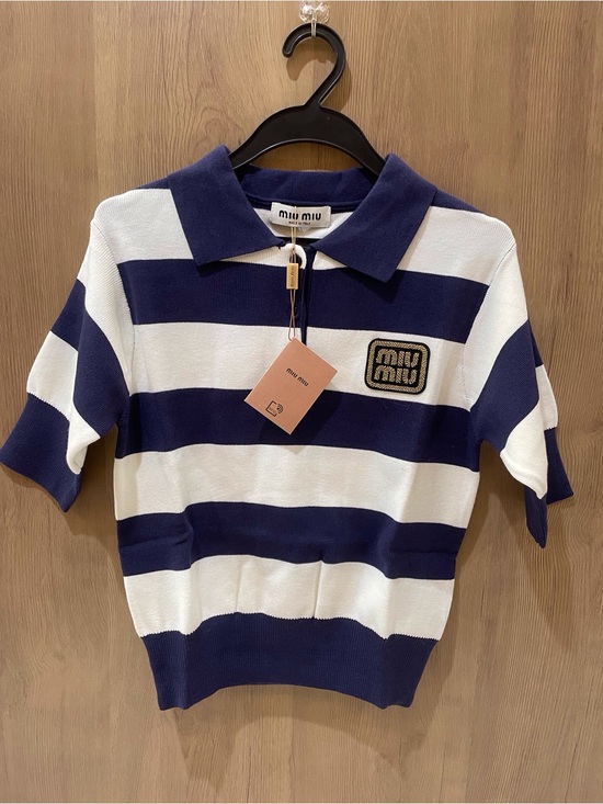 Miu Miu Tops - Miu Miu Navy and White Striped Polo Knit Top